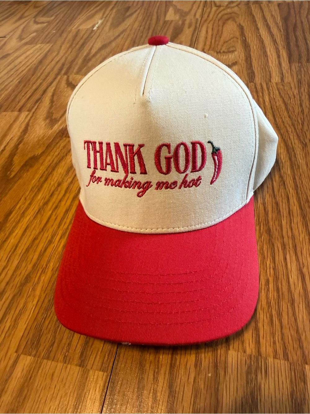 “Thank God For Making Me Hot 🌶️” Two-Tone Baseball Cap - Red/Cream